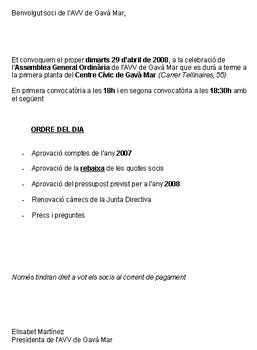 Carta de convocatoria para la Asamblea General Ordinaria de la AVV de Gav&agrave; Mar (29 de Abril de 2008)